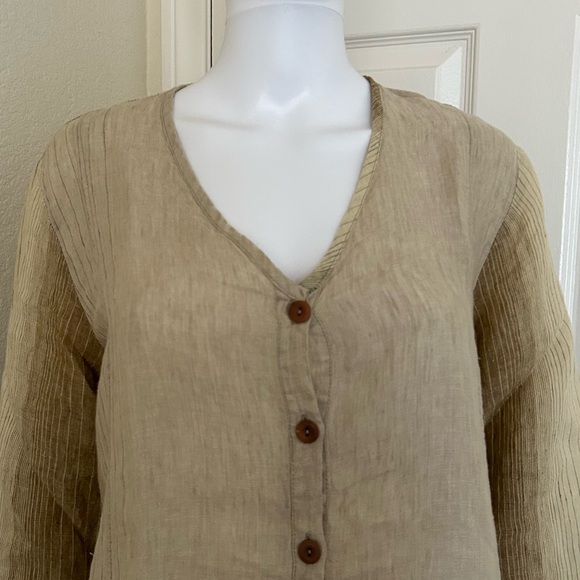 Flax- Striped Linen tunic Button down with 3/4 sleeves Earthy Tones Size S - Picture 2 of 12